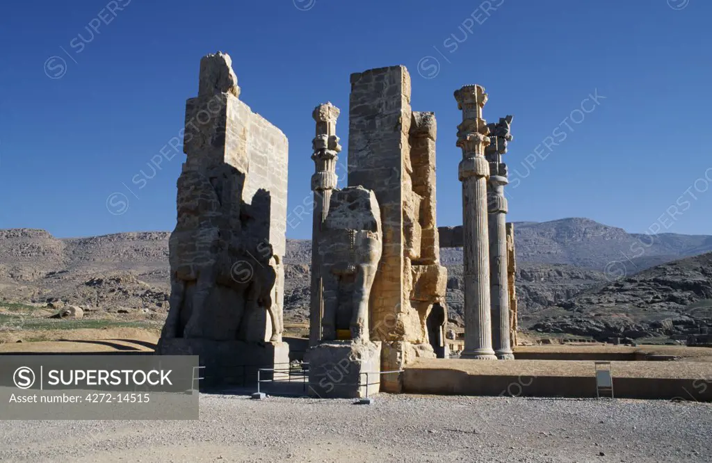 Iran, Persepolis. Gate of Xerxes, Persepolis, near Shiraz.  Once covered an area of over 600 square metres.  The remaining doors are still covered with inscriptions and carvings in ancient Elamite, as well as many other languages.