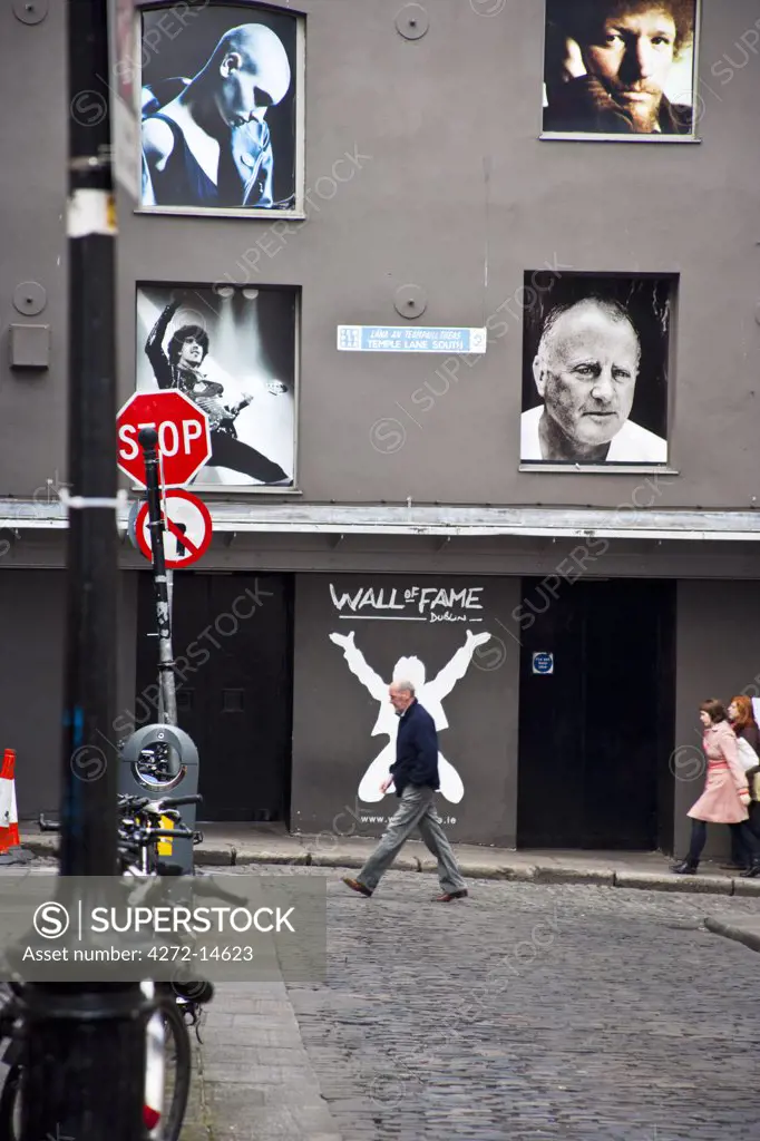 Wall of fame in the Temple Bar district in the city of Dublin in Ireland, featuring various famous musicians. Ireland