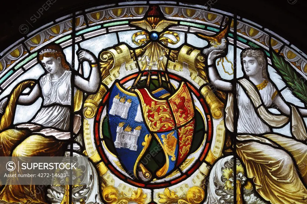 Ireland, Dublin, Kildare Street, The National Library of Ireland, stained glass detail in the grand staircase.