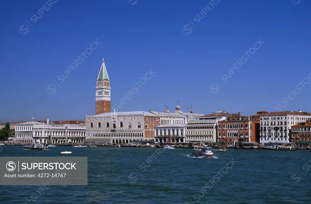 View of Venice waterfront and the entrance to the Grand Canal from ferryboat with the Palazzo Ducale The domes of St Marks cathedral and the Campanile