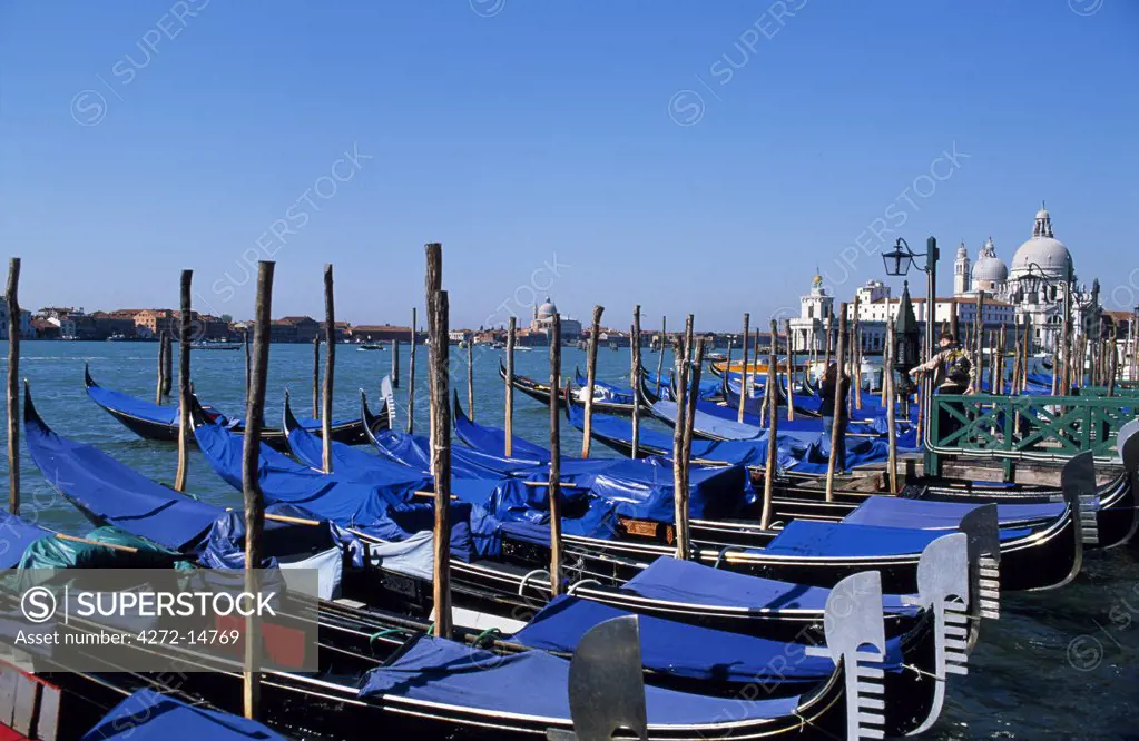 Gondolas at the waterfront pavement know as the Molo with the domes of the Santa Maria della Salute in the background
