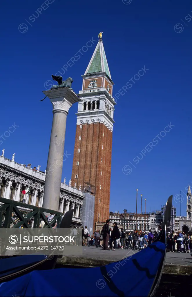 Gondolas, the Campanile and column topped by the Lion of St Mark