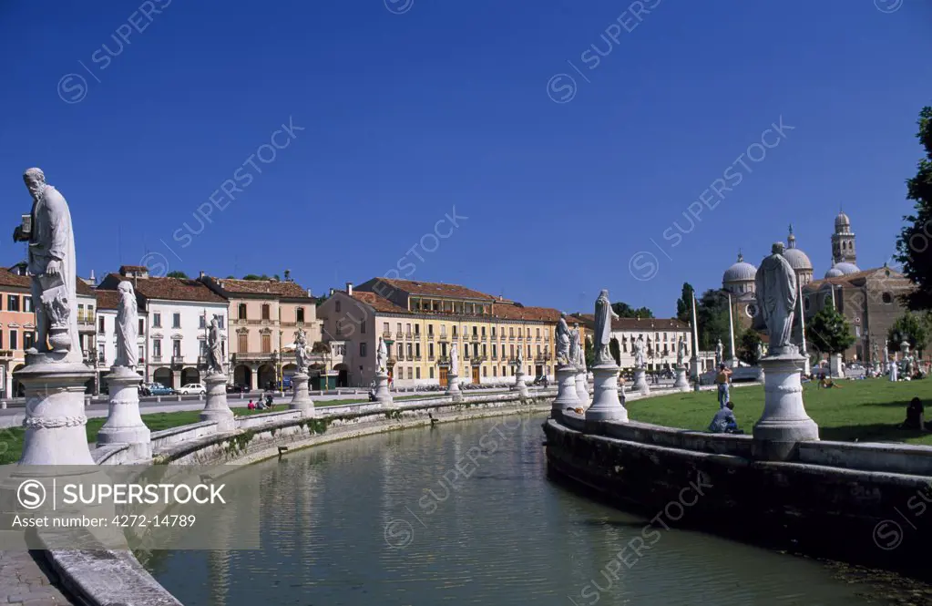 Prato della Valle claimed to be the largest town square in Italy with Basilicata di Santa Giustina in the background