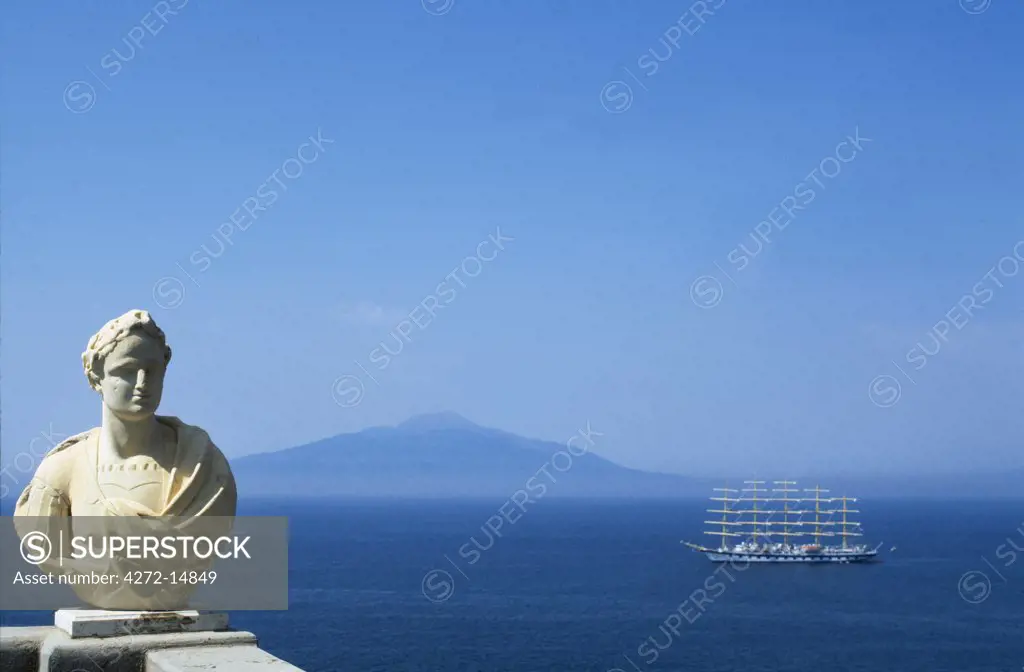 View from the balcony of the Excelsior Vittoria with Mount Vesuvius across the bay of Naples and four masted ship