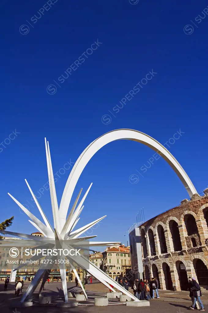Italy, Verona. Amphitheatre and shooting star monument