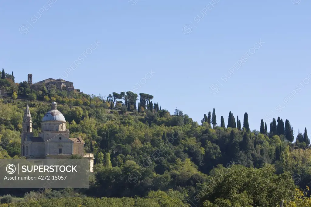 Italy, Tuscany, Montepulciano. Madonna di San Biagio church is set on the wooded slopes below the medieval hilltop town of Montepulciano.