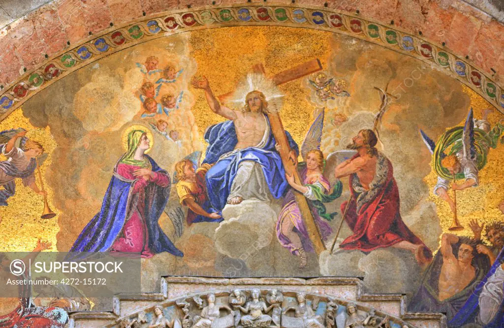 Italy, Veneto, Venice; The Resurrection of Christ depicted on the main Archway to the entrance of the Basilica di San Marco