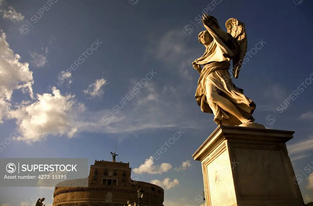 Italy, Rome; One of the many statues on the bridge leading to Castello Sant'Angelo