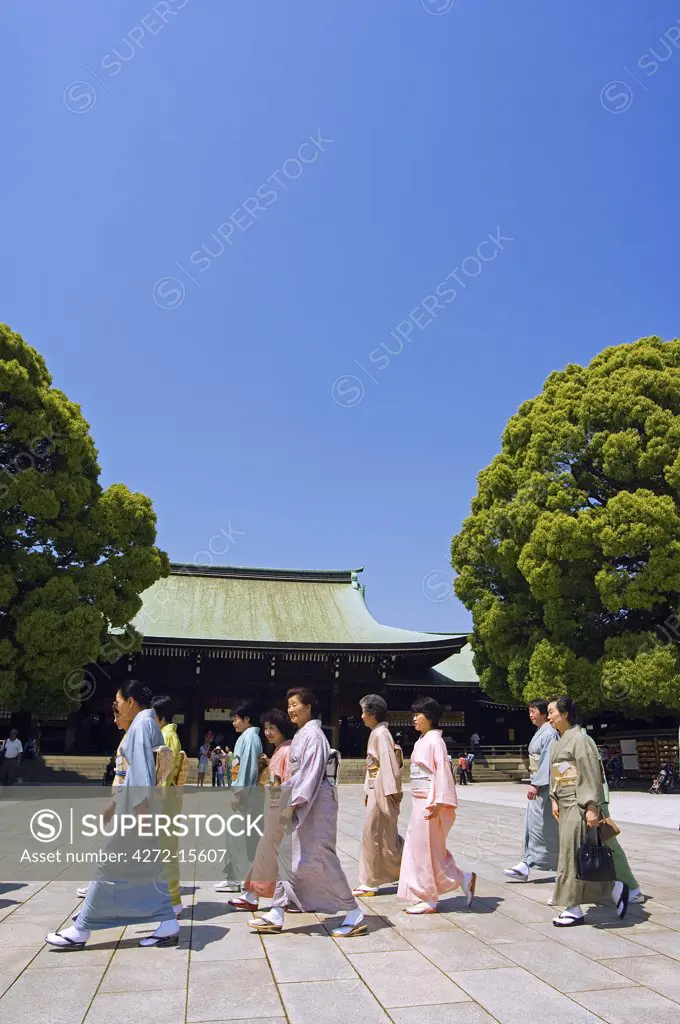 Meiji jingu Shrine 20th century shrine procession of women wearing kimono