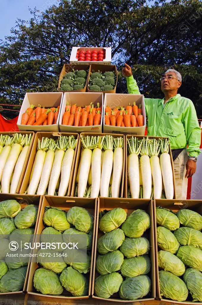 Japan, Honshu Island, Tokyo. Agricultural Festival - vendor of vegetable stand.