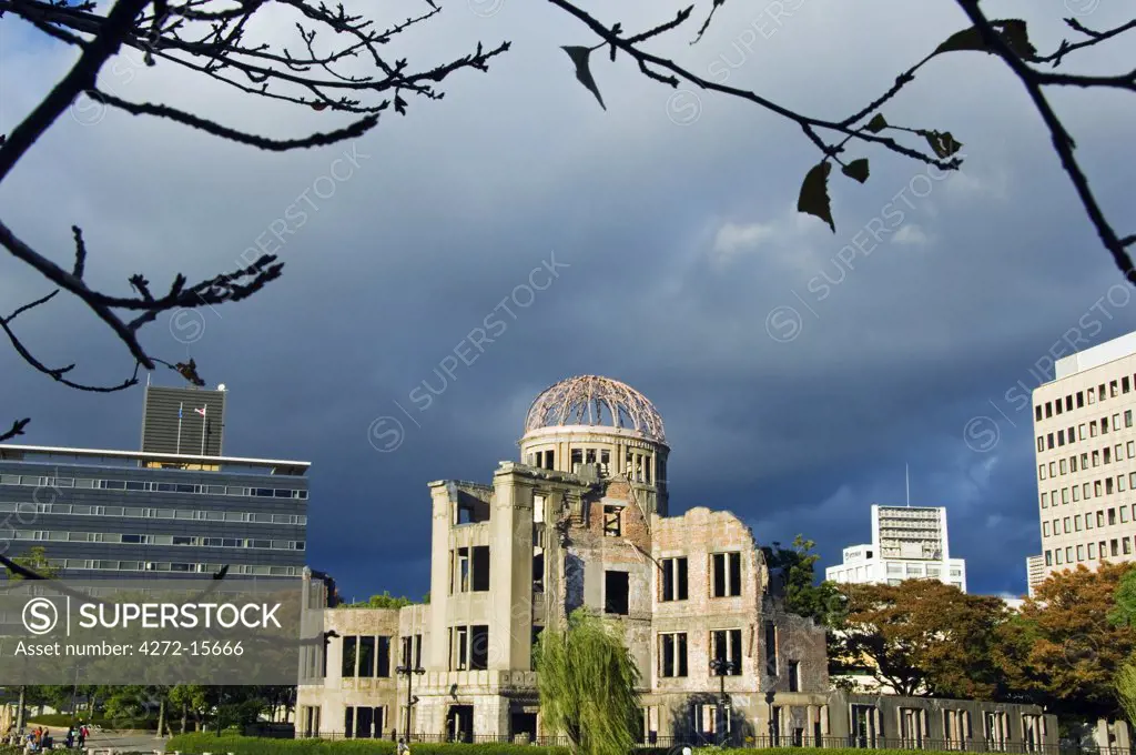 Japan, Honshu Island, Hiroshima Prefecture, Hiroshima City. A-Bomb Dome memorial at Hiroshima Peace Memorial Park.
