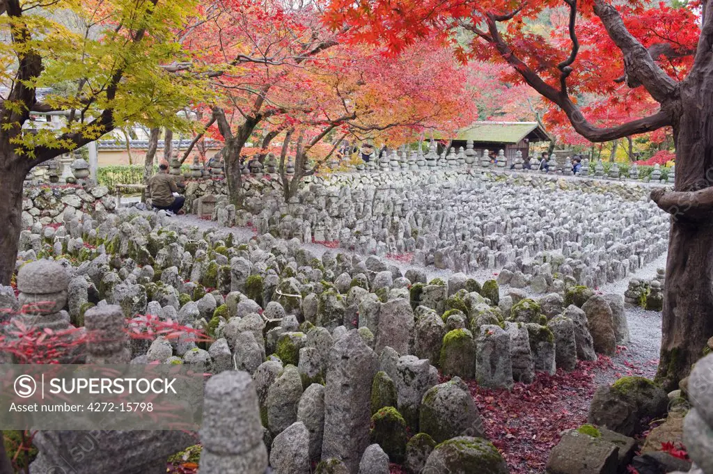 Asia, Japan. Kyoto, Sagano, Arashiyama, Adashino Nenbutsu dera temple, stone lanterns and buddha images