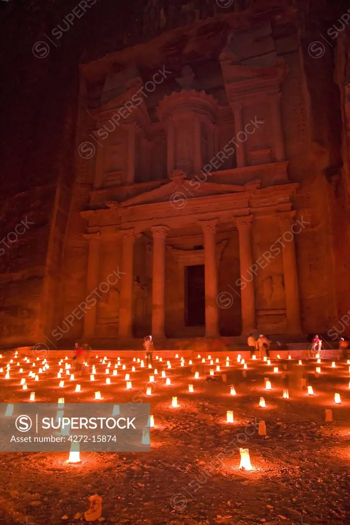 The Treasury, also known as Al Khazneh, illuminated by candles for 'Petra by Night', Petra, Jordan