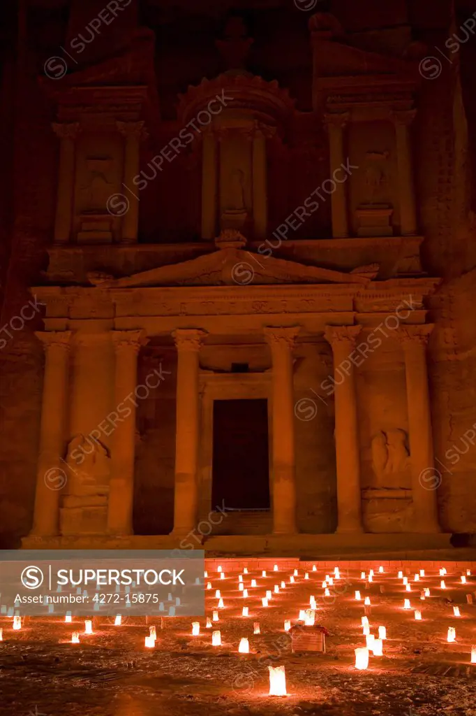 The Treasury, also known as Al Khazneh, illuminated by candles for 'Petra by Night', Petra, Jordan