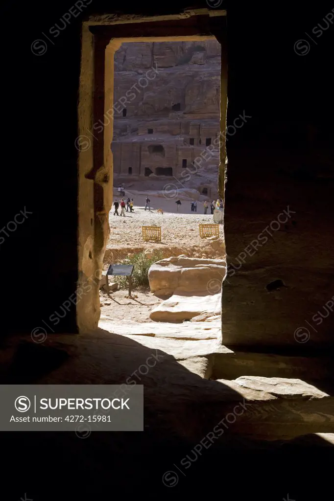 Jordan, Petra Region, Petra.  Looking across the Cardo Maximus from inside one of the many spectacular ruins of the Nabatean city of Petra.