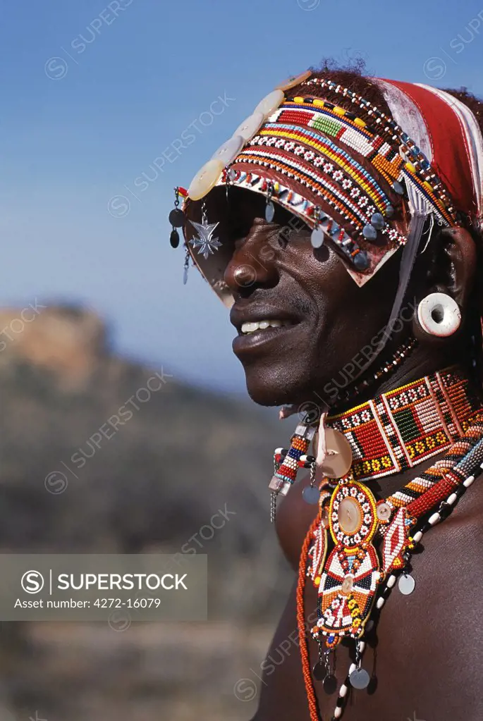 Elaborate headdress and body adornments worn by Samburu moran (warrior).