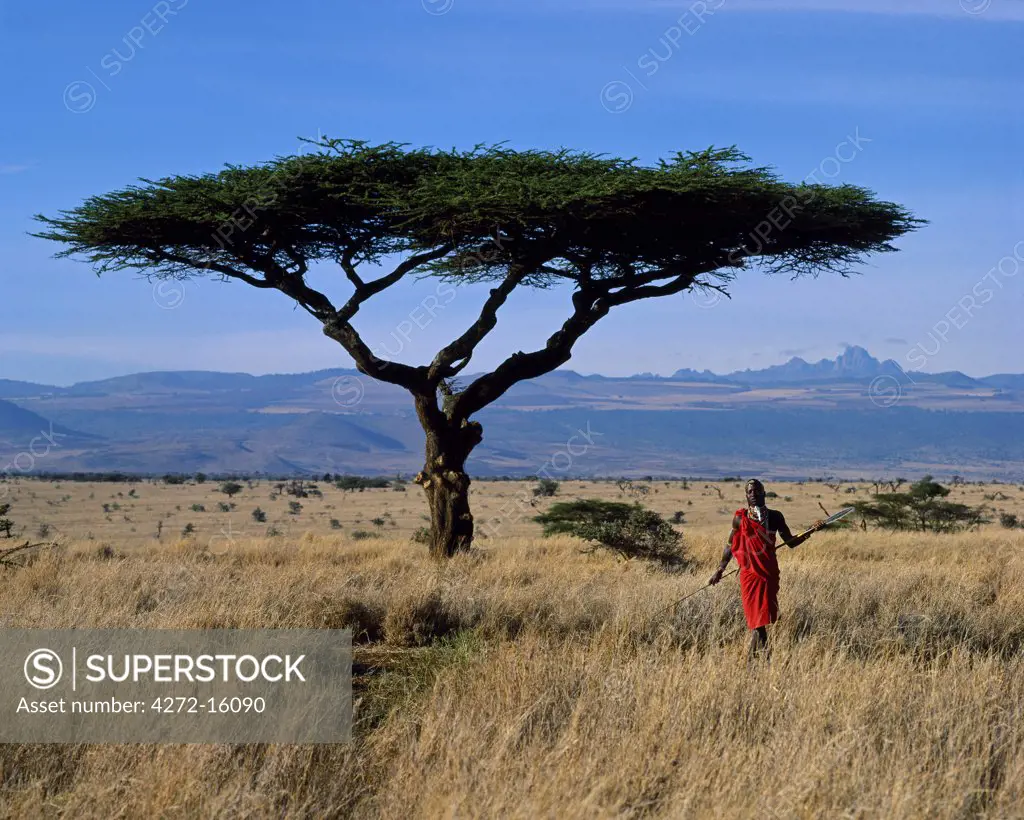 Kenya, Mount Kenya, Lewa Downs. Maasai warrior at Lewa Downs with Mount Kenya in background.