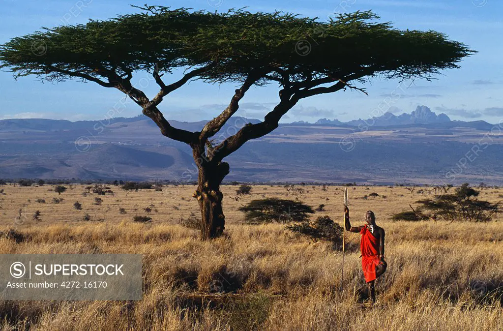 Kenya, Mount Kenya, Lewa Downs. Maasai warrior at Lewa Downs with Mount Kenya in background.