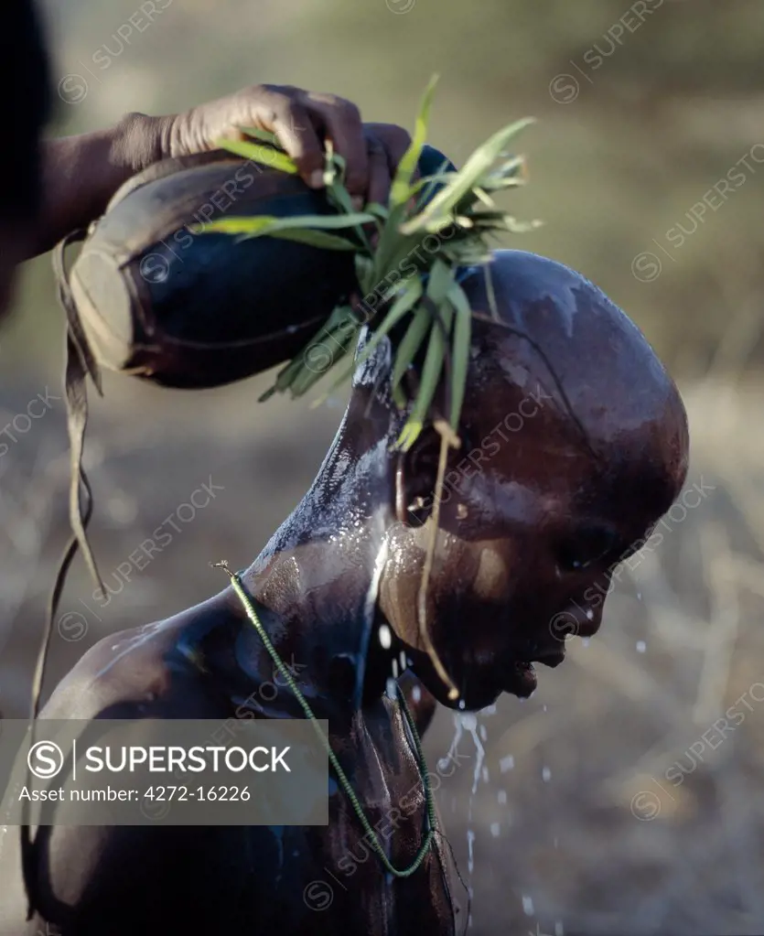 A Samburu youth, his head freshly shaved, has milk poured over him from a wooden gourd-like container decorated with green grass prior to his circumcision. Milk and green grass are blessings to these pastoral people and feature in all important ceremonies.