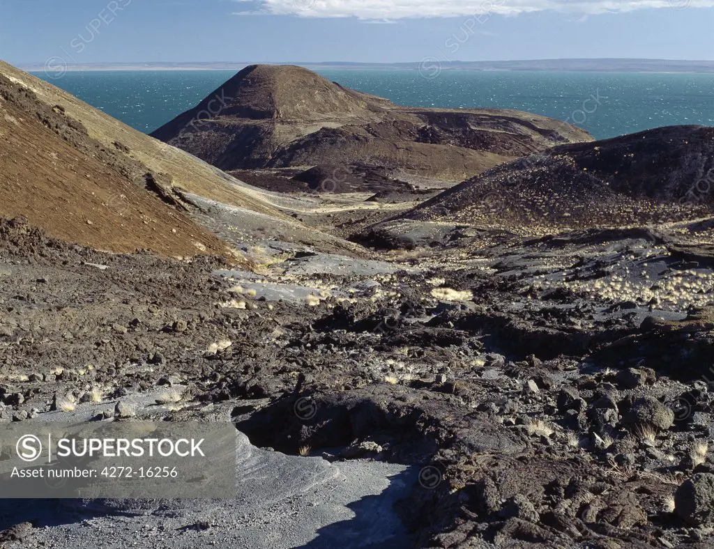 South Island is Lake Turkanas largest island.  Situated in the southern sector of the lake where the water reaches a depth of 374 feet, the island is a spine of volcanic cones and hills covering 15 square miles.  The lava flows are remarkably well preserved.