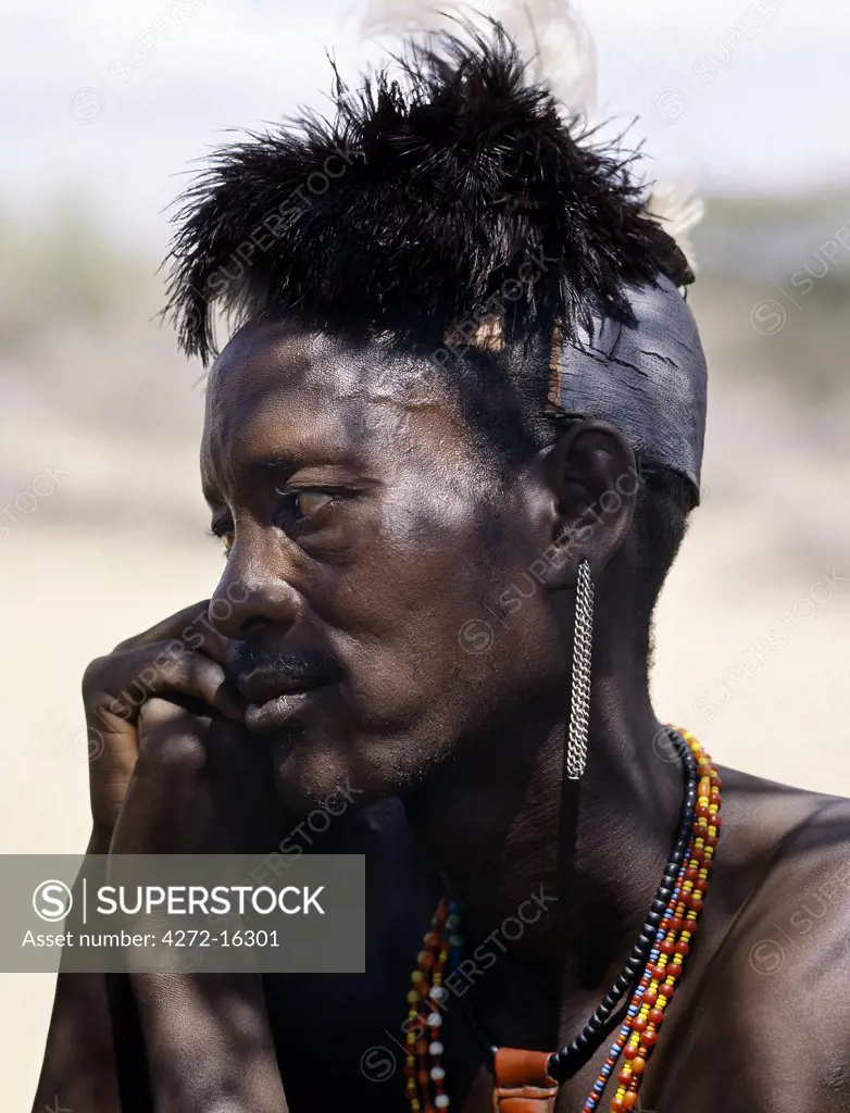 Black ostrich feathers decorate the front  part of this Turkana man's traditional clay hairdo. Small metal chains, with or without beads attached to the ends of them, are commonplace ear ornaments.