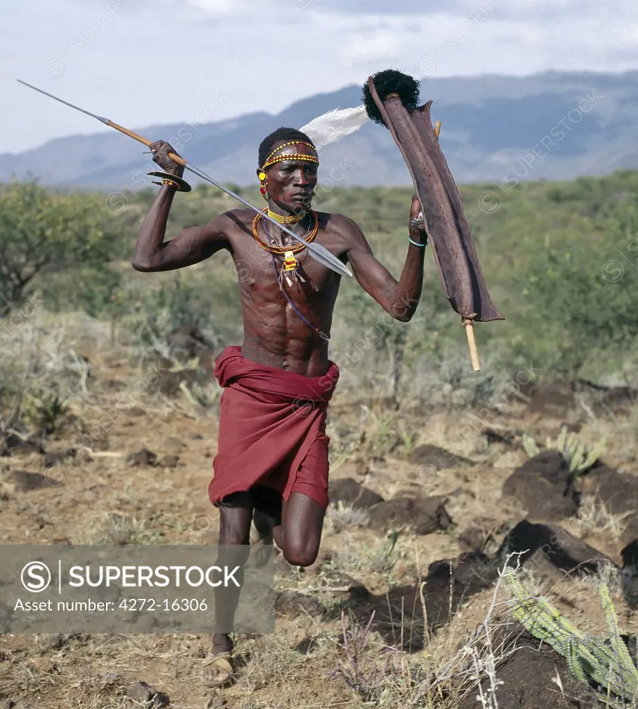 The traditional weaponry of the Turkana warriors consisted of a long-shafted spear with a narrow blade, a small rectangular shield made of giraffe or buffalo hide, a wrist knife worn round the assailant's right wrist and one or two finger knives for gouging out an enemy's eyes. They must have been an awesome sight in full battle cry. Modern arms have now replaced the old ways of fighting.