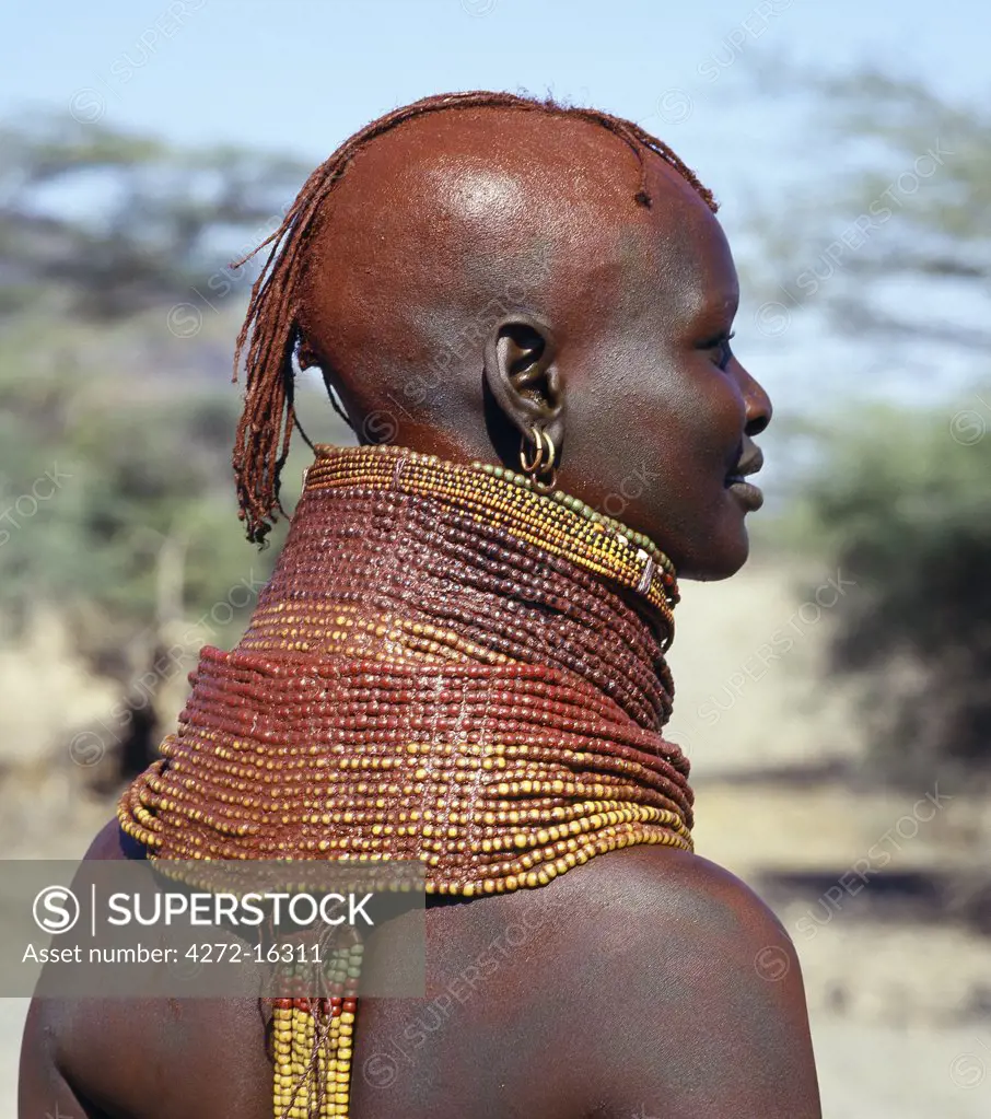 A Turkana girl's necklaces are well-oiled with animal fat and glisten in the sun. The use of red ochre has been copied from their Samburu neighbours and is not widespread. Occasionally, a girl will put on so many necklaces that her vertebrae stretch and her neck muscles gradually weaken. The partially shaven head is typical of Turkana women and girls.