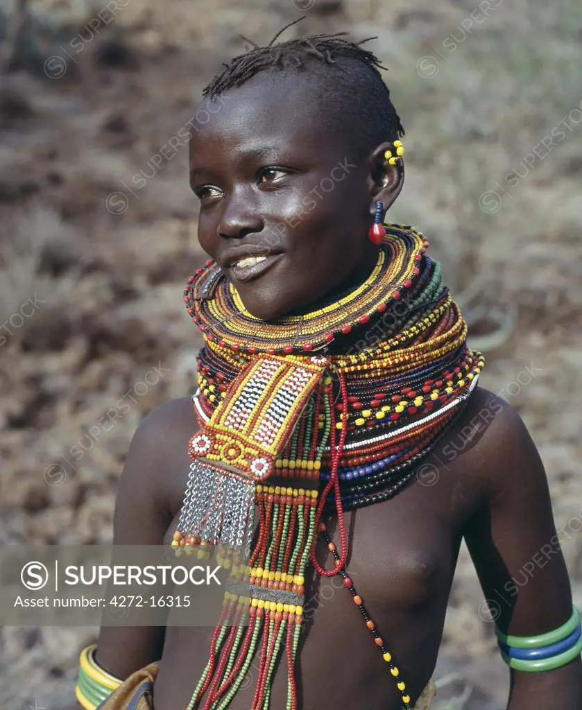 A young Turkana girl adorned with necklaces of a style the Southern Turkana prefer to wear.