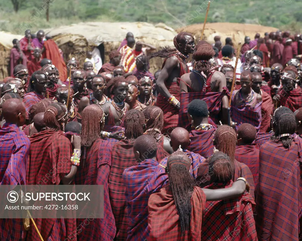 A colourful gathering of Maasai warriors watching two of their comrades leap high in the air during a dance.