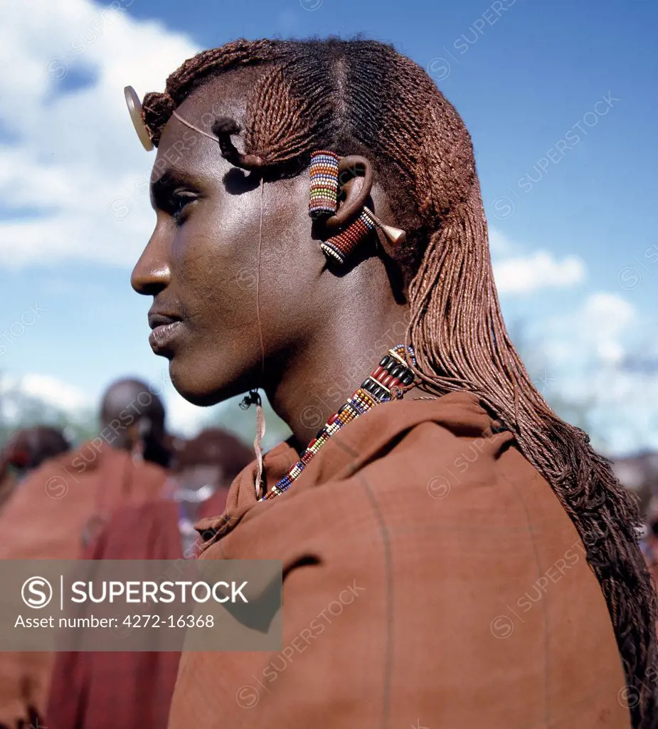 Kenya, Kajiado, Maparasha. A Maasai warrior resplendent with long, ochred braids. This singular form of hairstyle distinguishes warriors from the rest of their society.  This man has looped his elongated and decorated earlobes over his ears - a common practice when walking through thorn scrub country to prevent the loops being snagged by thorns.