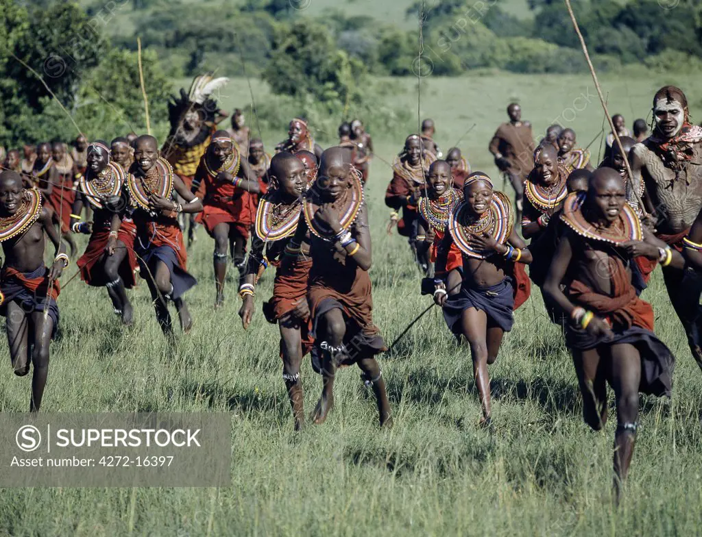 A jovial group of Maasai girls are chased by warriors during a ceremony.