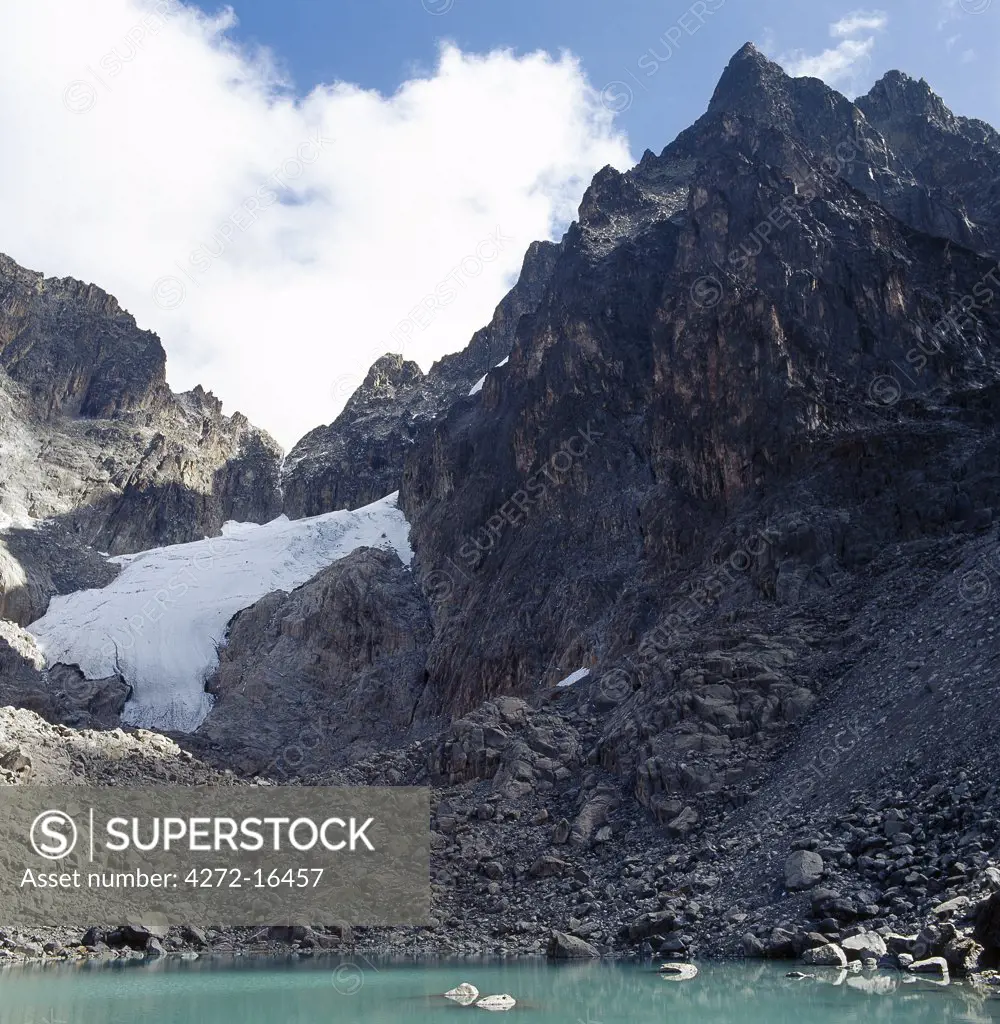 Tyndall Tarn, 14,900 feet, nestles beneath the peaks of Mount Kenya - the highest, Batian, is 17,058 feet and on its right is Nelion at 17,022 feet. The glaciers are fast diminshing due to global warming.