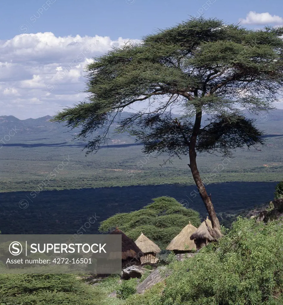 Traditional Marakwet houses built on the rocky eastern slopes of the Cherangani Hills have a fine view across the Kerio Valley.