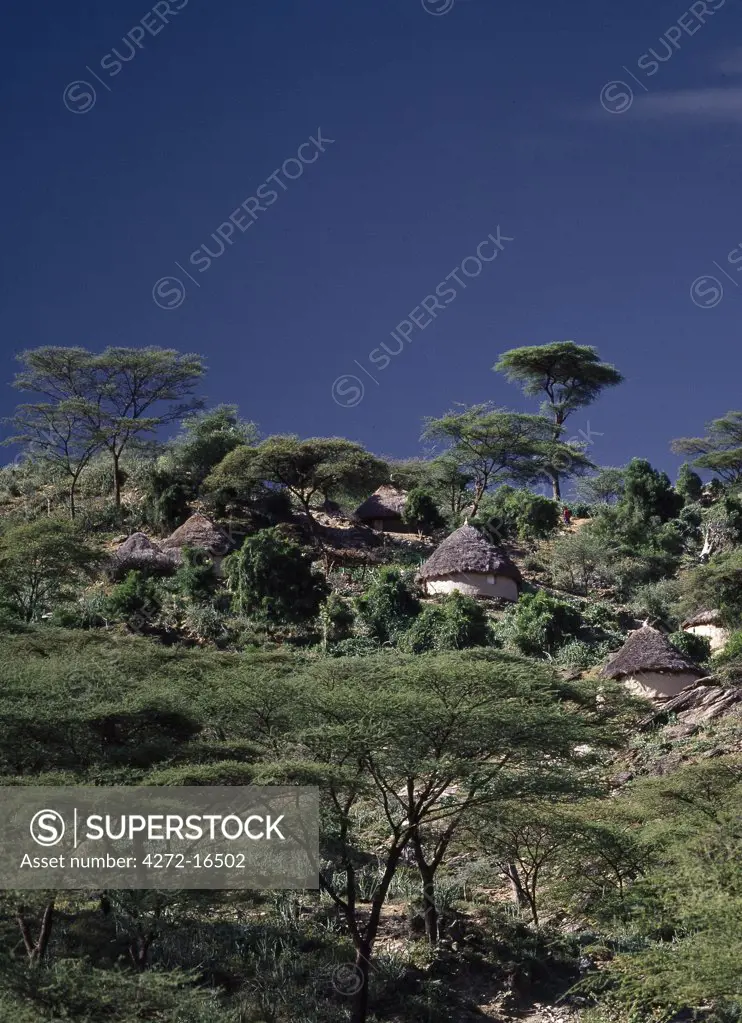 Traditional Marakwet houses built on the rocky eastern slopes of the Cherangani Hills in an area known as the Tot Escarpment.