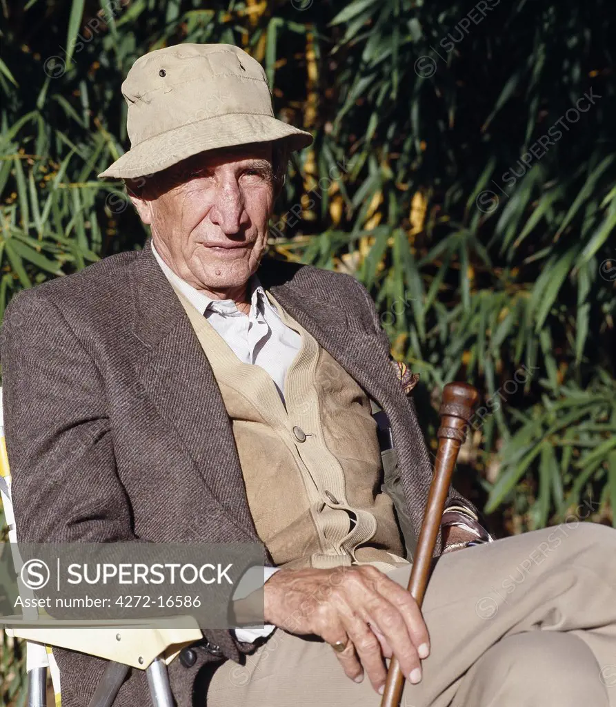 Sir Wilfred Thesiger, the famous 20th century explorer and author, relaxes on safari in Kenya in 1990.
