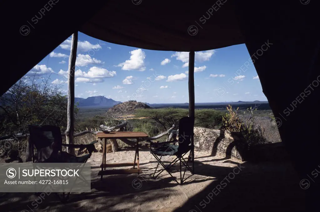 View from a luxury tent at Sarara looking towards the Matthews Mountains. The camp is owned and run by the local Samburu community. Sarara Lodge is the tourism initiative of the Namunyak Wildlife Conservation Trust.