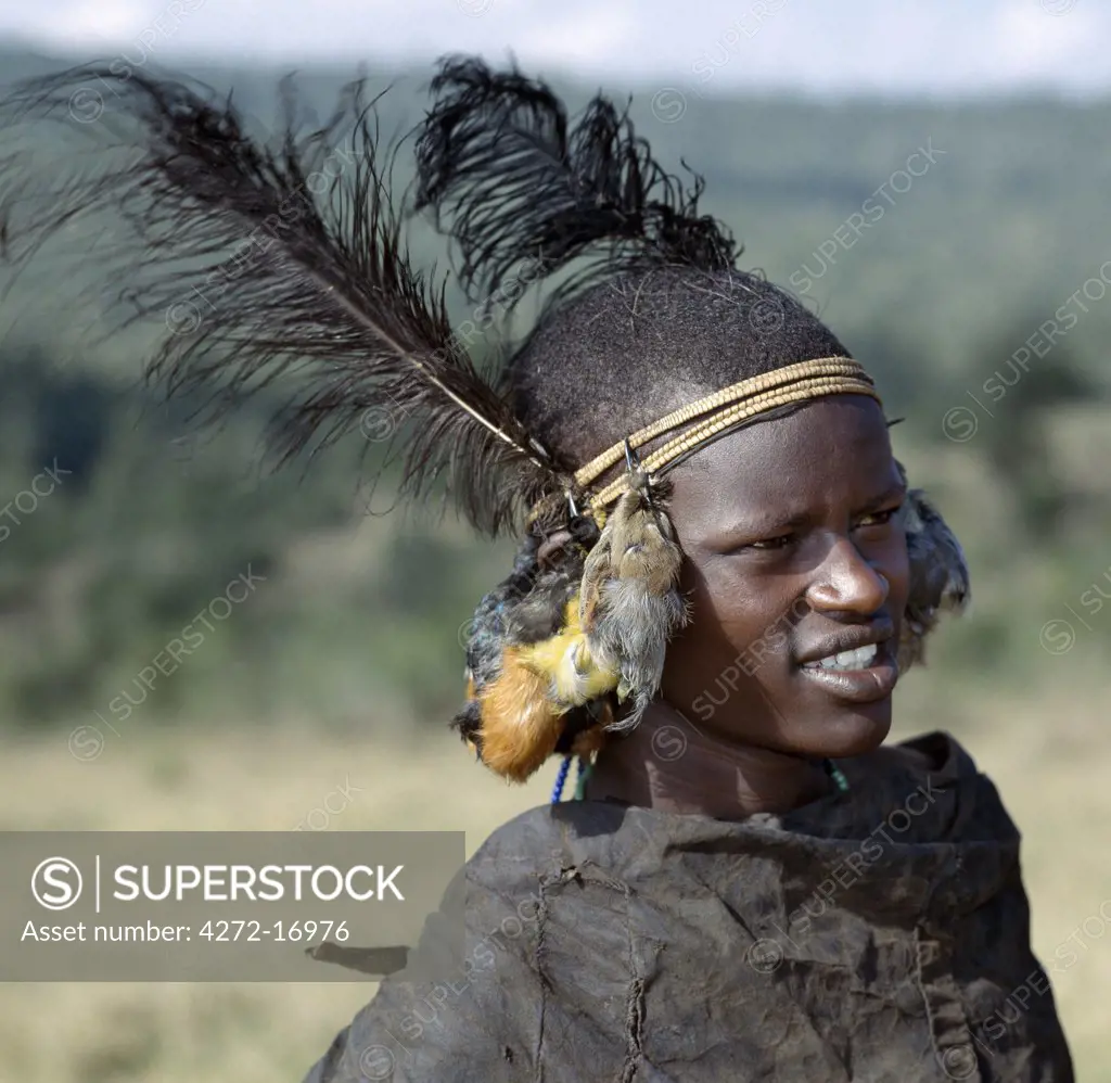 A Samburu initiate with bird skins hanging from his headband. While their wounds heal for a month after circumcision, initiates spend their time attempting to kill as many birds as they can with a club and four blunt arrows.  When a bird is killed, it is skinned without using a knife, stuffed with dry grass and attached to the boy's head band by means of its beak. =