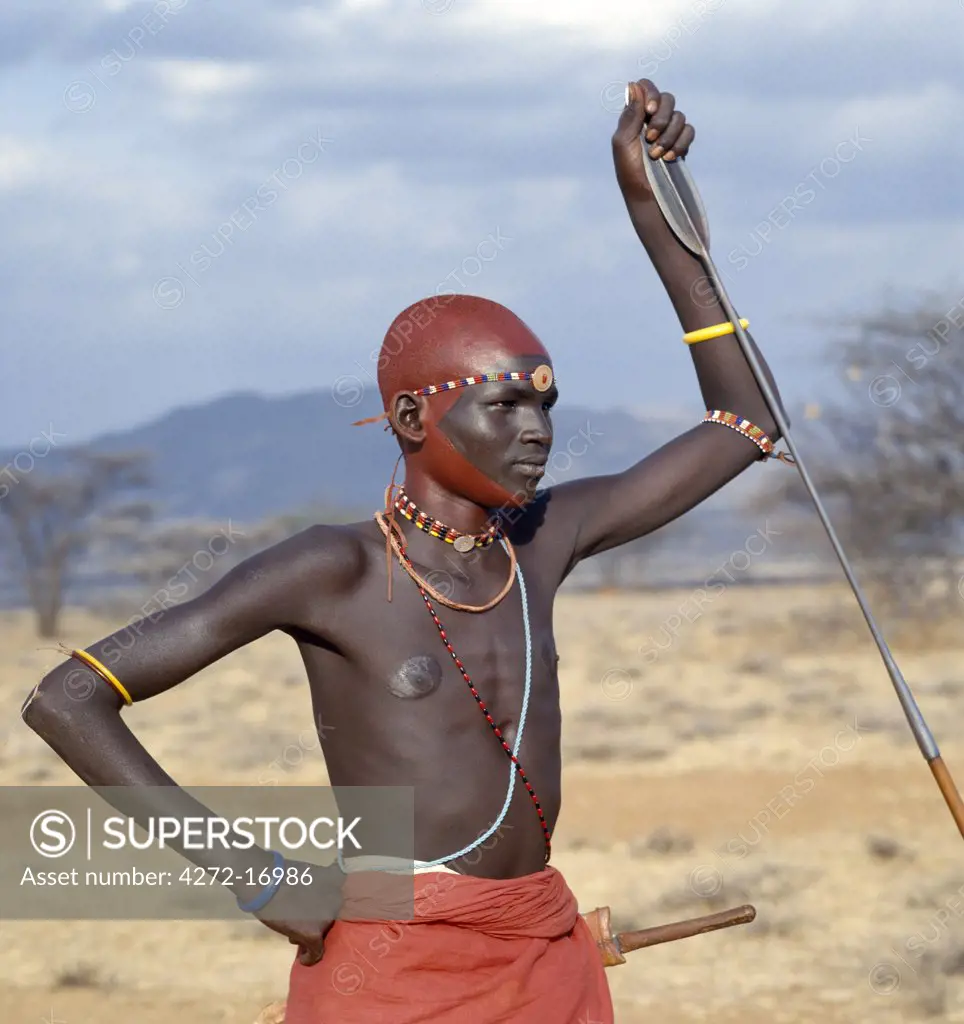 Kenya, Samburu District, Wamba. Immediately an initiate completes his lmuget loolbaa ceremony a month after his circumcision, he becomes a junior warrior of the Samburu tribe.
