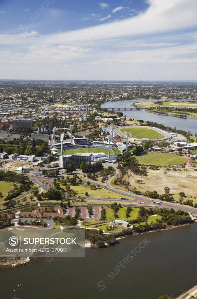 Aerial view of WACA cricket ground and Swan River, Perth, Western Australia, Australia