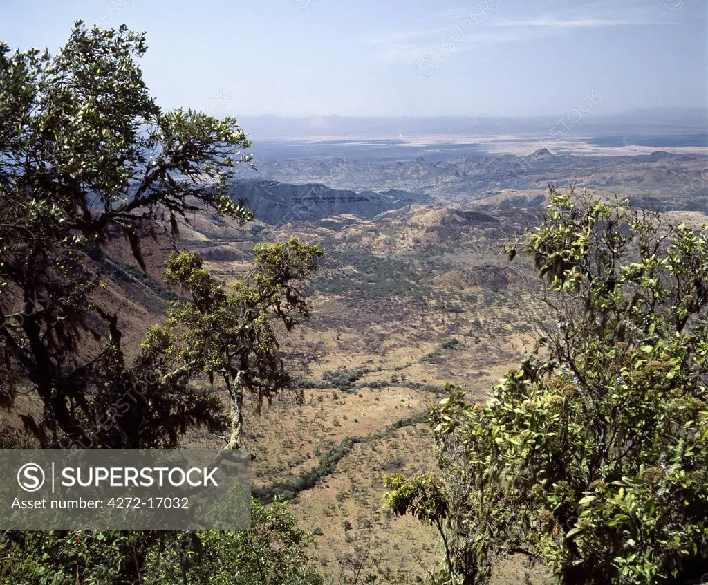 A fine view from the eastern wall of Africa's Great Rift Valley system at Losiolo near Maralal.  There, the top of the escarpment rises to over 8,000 feet before dropping precipitously 3,000 feet into a stark valley inhabited only in wet weather.