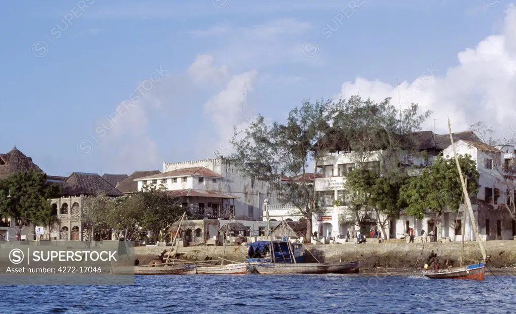The waterfront of the sheltered, natural harbour of Lamu Island. Situated 150 miles north northeast of Mombasa, Lamu town dates from the 15th century AD.  The island's importance lies in the fact that it has the only certain source of sweet groundwater in the entire district.