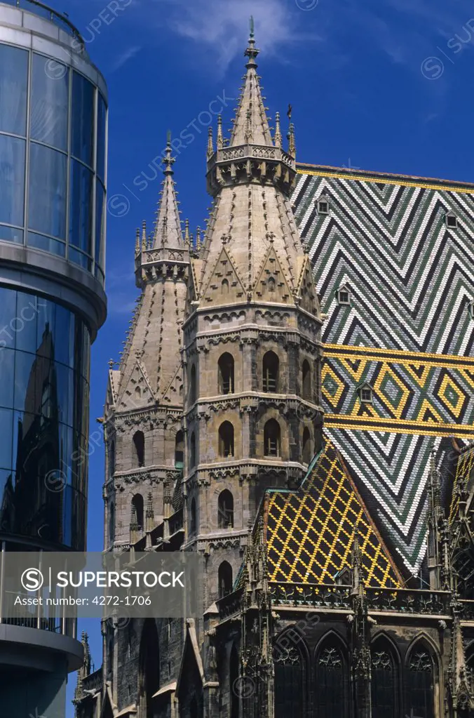 Austria, Vienna. St Stephens Cathedral (Stephansdom). The Gothic cathedral was first built in 1147 AD and its most recognizable characteristic, the diamond-patterned tile roof, was added in 1952.