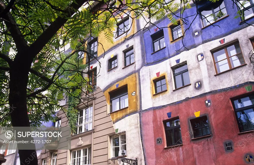 Austria, Vienna. The Hundertwasser Haus. This is an apartment house designed by Austrian artist Friedensreich Hundertwasser.