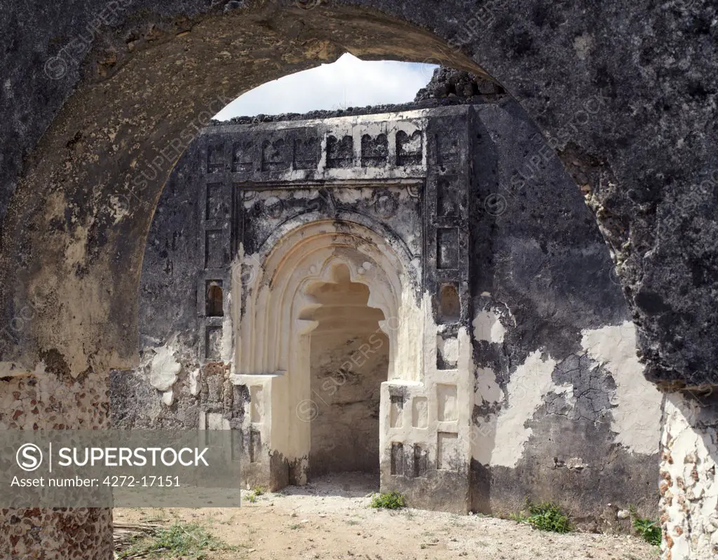The ruins of a mosque inside Siyu Fort. The Sultan of Zanzibar in the middle of the 19th century built an impressive fort at the end of the mangrove-lined tidal channel leading to Siyu village on Pate Island. The fort is now undergoing extensive repairs after years of neglect.