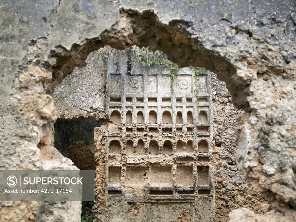 The ruins of a large Swahili house on the outskirts of modern Pate Village.  Of coral construction, the inner wall features decorated niches, called zidaka, in which Swahili women traditionally put their imported Chinese porcelain and bowls.  The tradition of fine plasterwork in the region survives to this day.