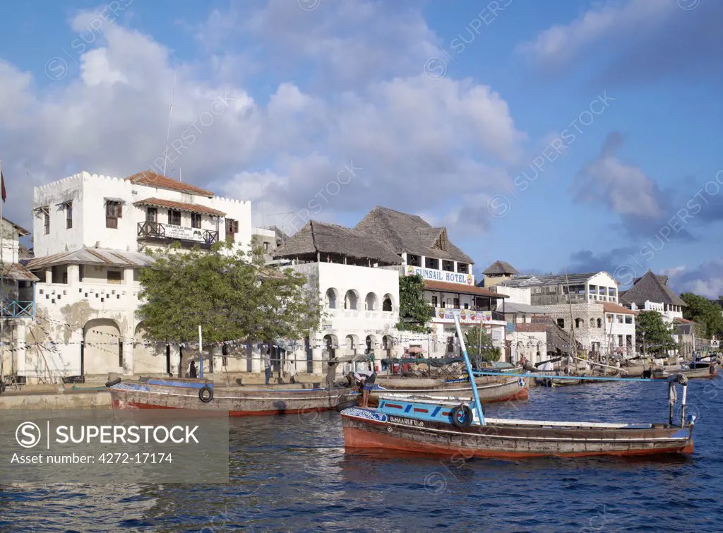 The waterfront of the sheltered, natural harbour of Lamu Island. Situated 150 miles north northeast of Mombasa, Lamu town dates from the 15th century AD.