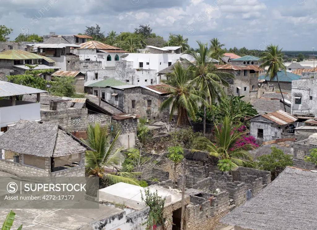 A rooftop view of Lamu town. Situated 150 miles north-northeast of Mombasa, Lamu town dates from the 15th century AD.  The islands importance lies in the fact that it has the only certain source of sweet groundwater in the entire district.