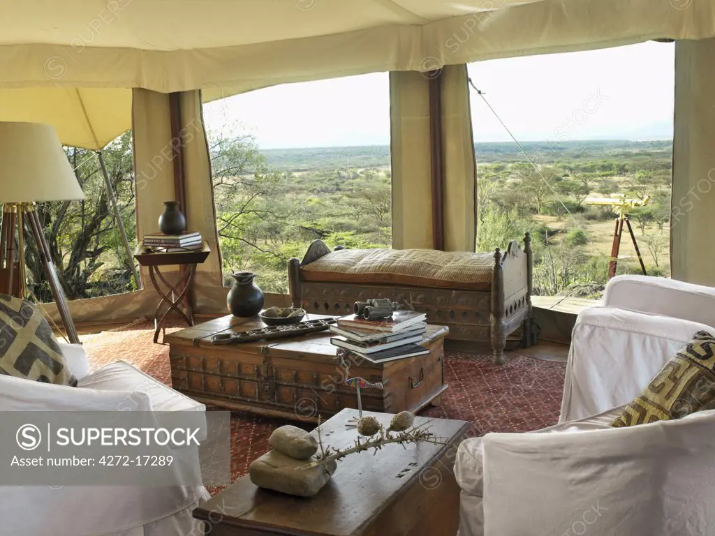 The elegant library of Ol Seki tented camp in Masai Mara Game Reserve, Kenya