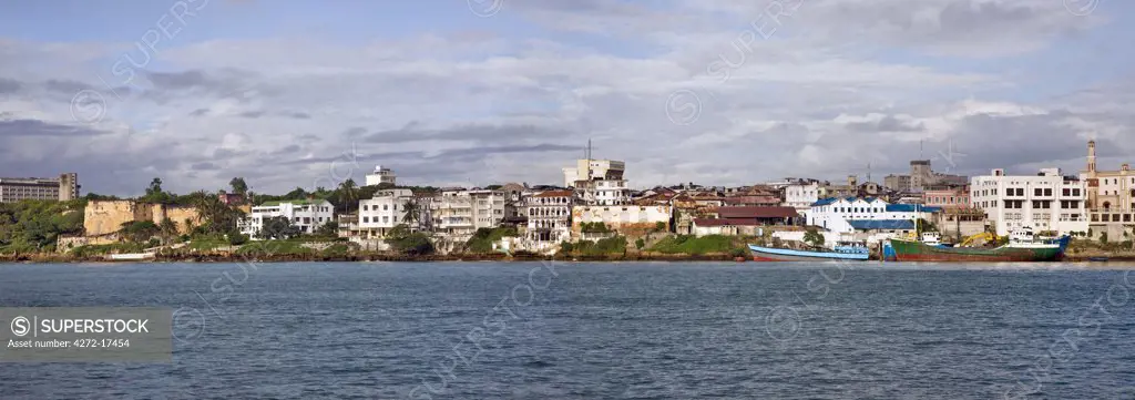 Kenya, Mombasa. The old Mombasa harbour waterfront with Fort Jesus on the left of the picture.