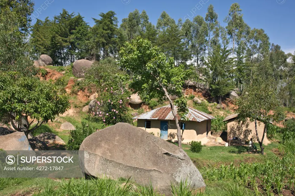 Kenya. A homestead nestling among giant granite boulders in Western Kenya.